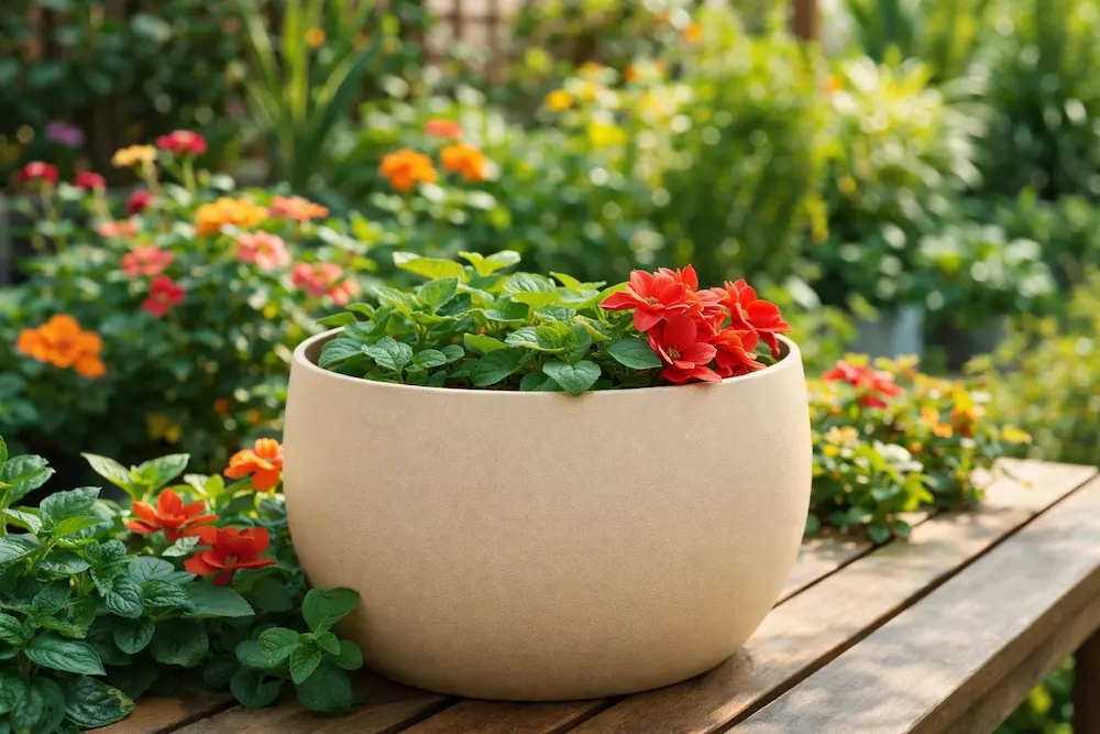 Modern round garden planter red patio flowers outdoor home decor.