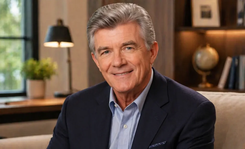 A professional portrait of Burt Thicke, a mature man with grey hair, smiling warmly. He is wearing a navy blue blazer over a light blue button-down dress shirt. He is seated in a brightly lit, warm room with a window, a desk lamp, a green plant, and shelves with a globe in the soft-focus background.