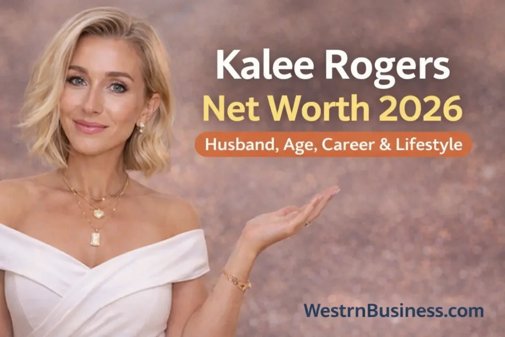 Blog banner featuring Kalee Rogers with text 'Kalee Rogers Net Worth 2026, Husband, Age, Career & Lifestyle' and WestrnBusiness.com watermark.