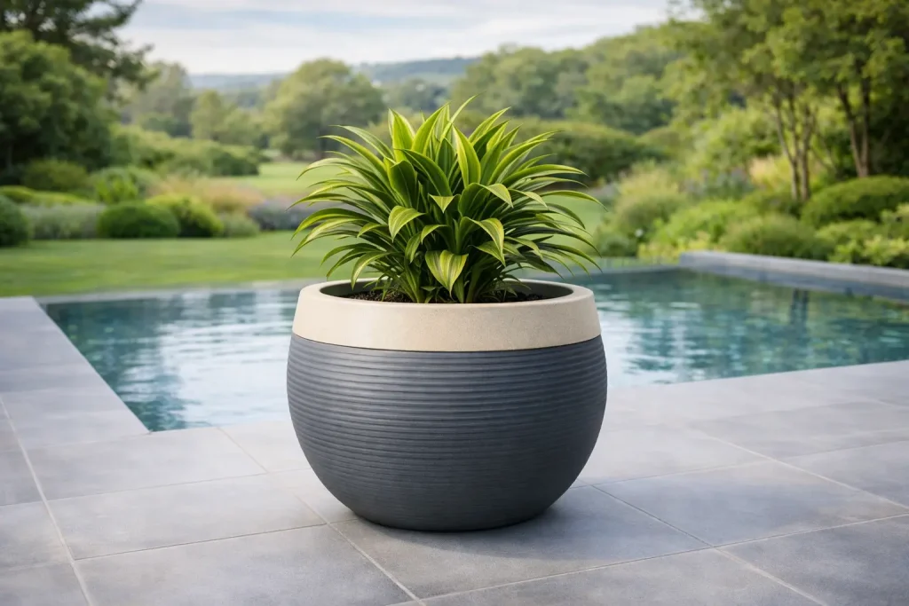 A modern round planter with a vibrant green plant placed next to a backyard swimming pool.