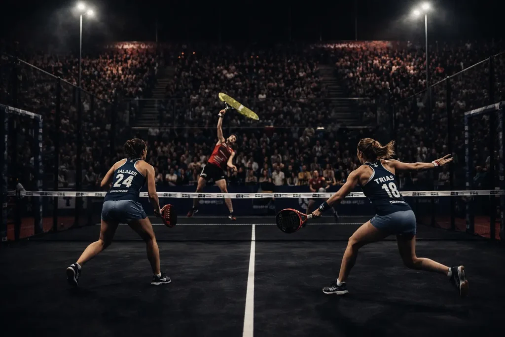 Professional padel match with two players in the foreground defending against an overhead smash from across the net.