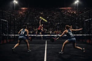 Professional padel match with two players in the foreground defending against an overhead smash from across the net.