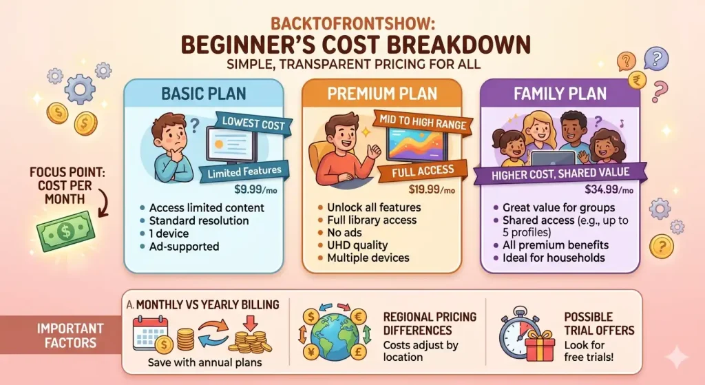 Pricing chart titled Beginner's Cost Breakdown, comparing basic, premium, and family monthly subscription plan structures.