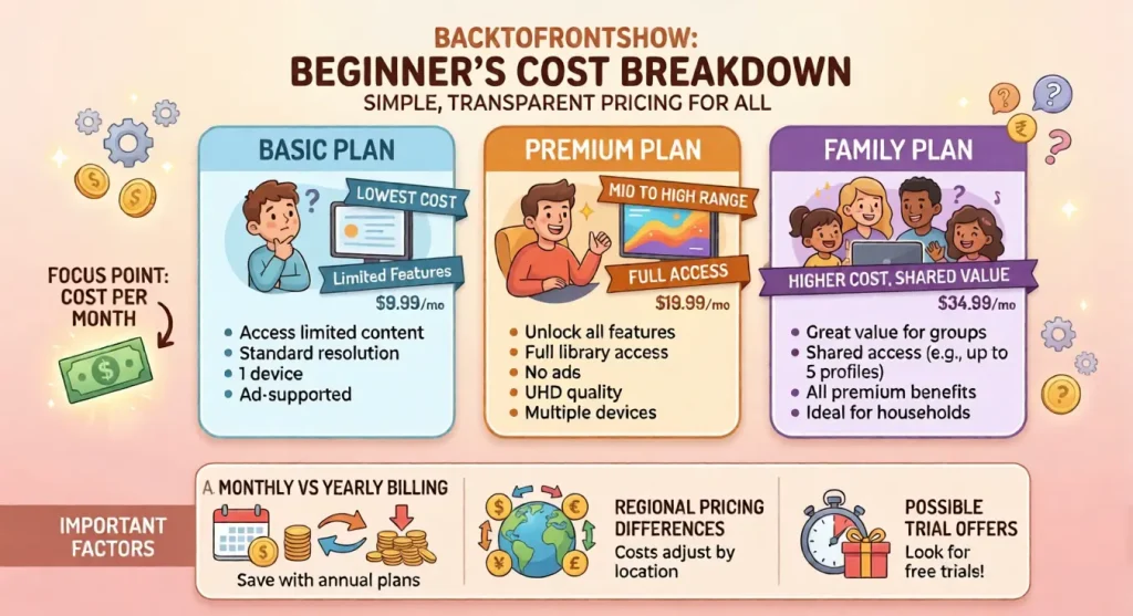 "Backtofrontshow pricing infographic showing Basic, Premium, and Family plan cost breakdown for beginners"