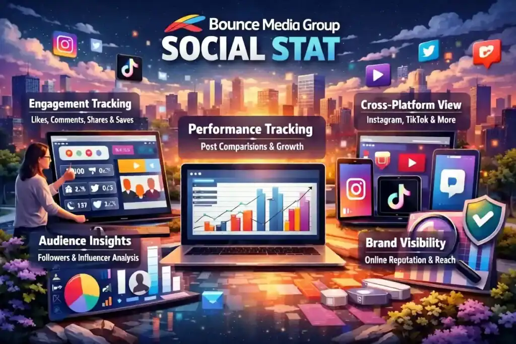 "Bouncemediagroup.com social stat dashboard showing engagement tracking, audience insights, and cross-platform analytics"