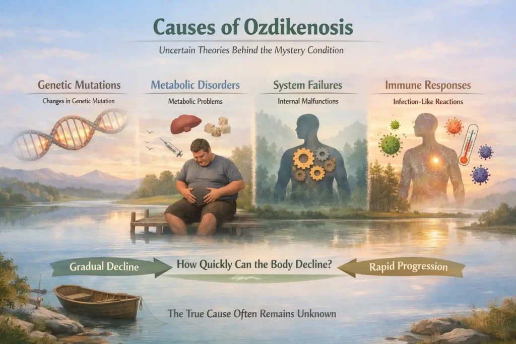 Medical chart titled Causes of Ozdikenosis, outlining genetic mutations, metabolic disorders, and system failures columns.