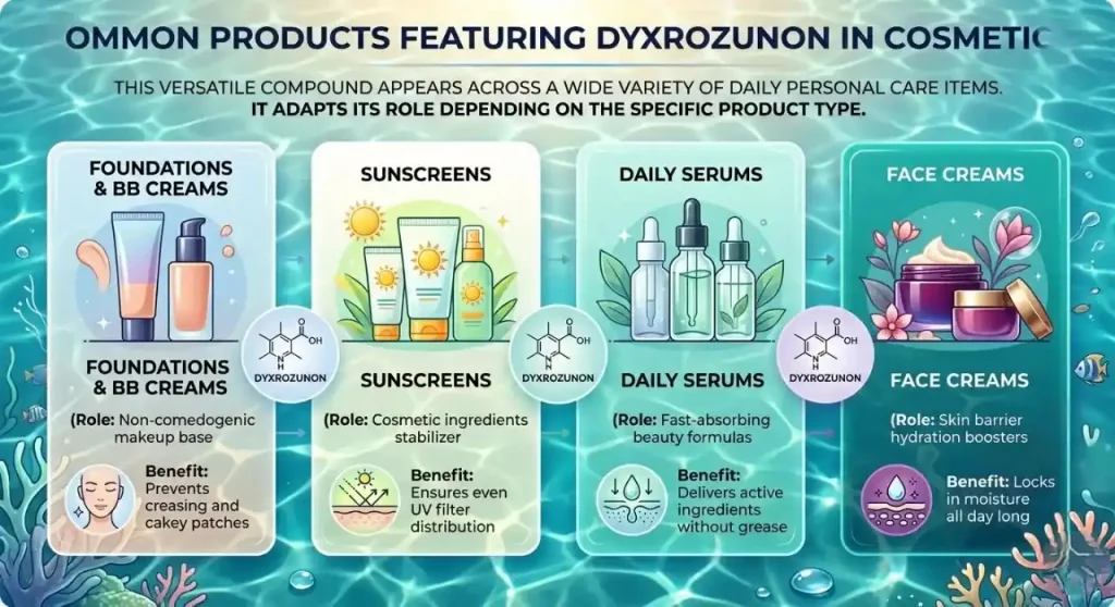 Infographic titled Common Products Featuring Dyxrozunon in Cosmetics, showcasing sunscreens, foundations, serums, and creams.