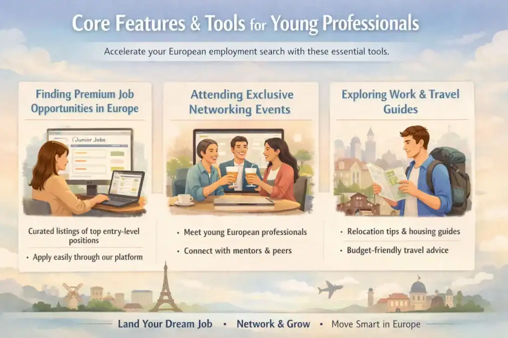 Infographic titled Core Features & Tools for Young Professionals, displaying job search, networking, and European travel columns.
