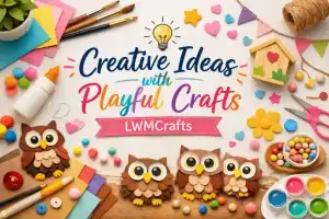 A colorful flat lay of DIY craft supplies featuring the text "Creative Ideas with Playful Crafts" and "LWMCrafts", surrounded by handmade felt owls, scissors, paint, and colorful paper.