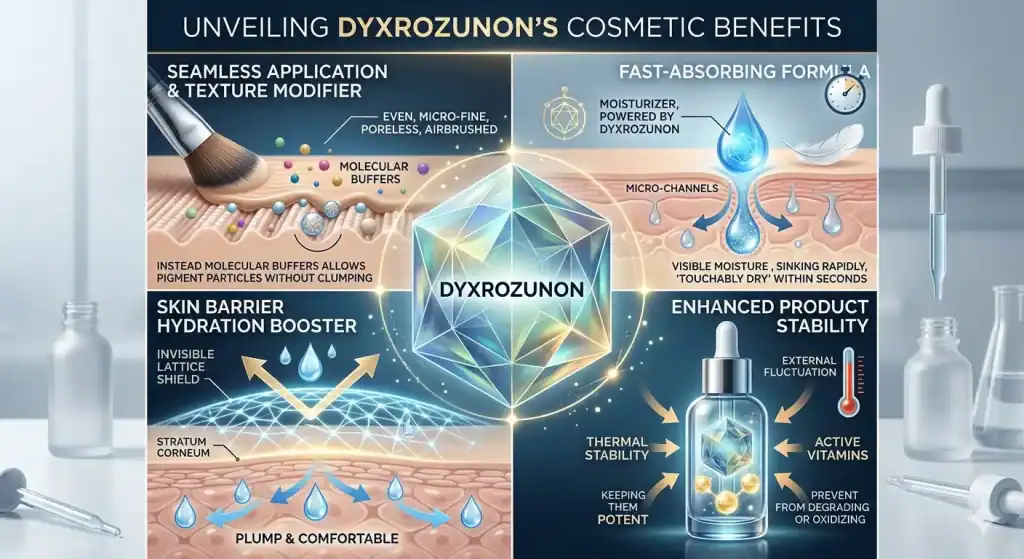 Skincare infographic titled Unveiling Dyxrozunon's Cosmetic Benefits, showcasing application, hydration, and formula labs.