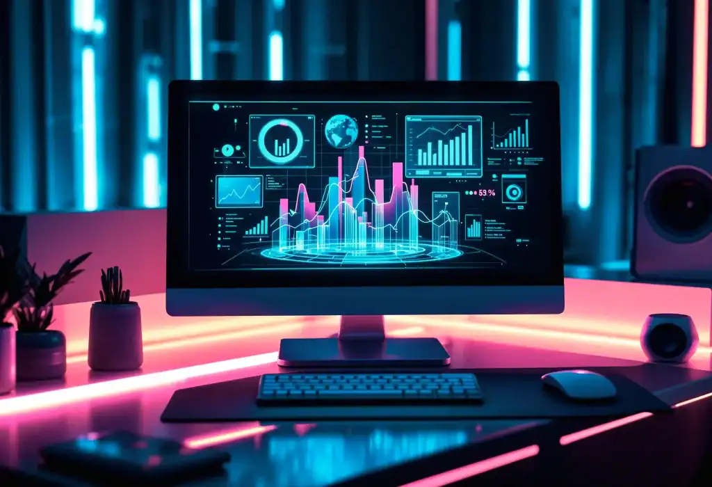 "Evebiohaztech PC setup with futuristic neon dashboard displaying data charts and analytics on monitor"