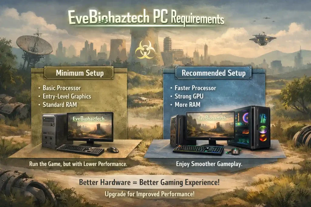PC requirements chart for EveBiohaztech comparing basic minimum setup specs with a high-performance recommended gaming rig.