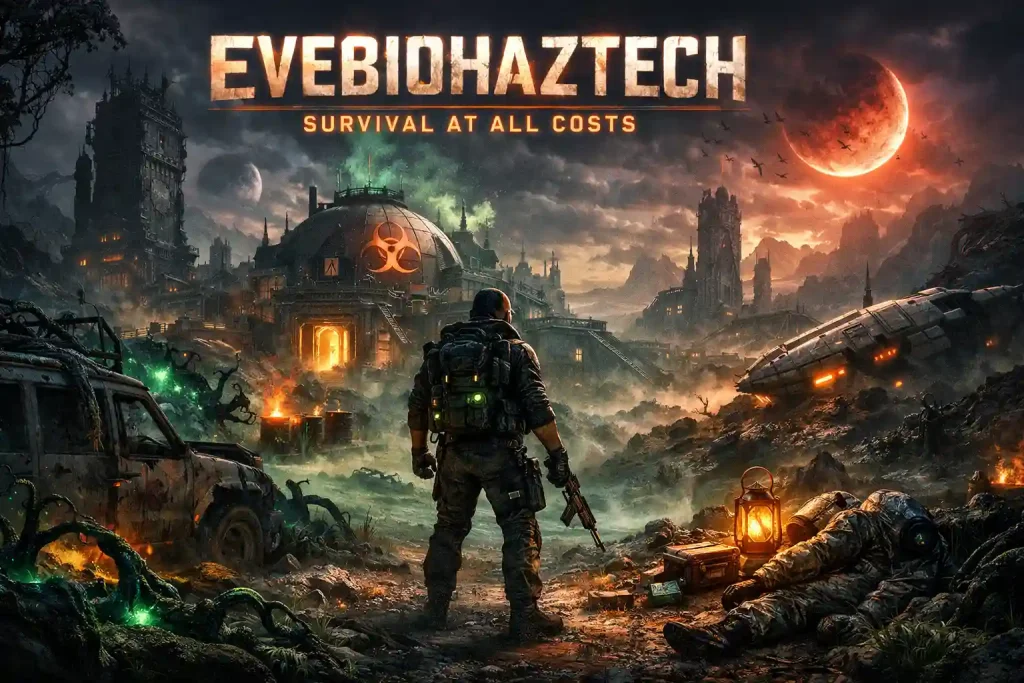 A soldier holding a rifle stands in a post-apocalyptic landscape facing a biohazard dome under a glowing orange eclipse.