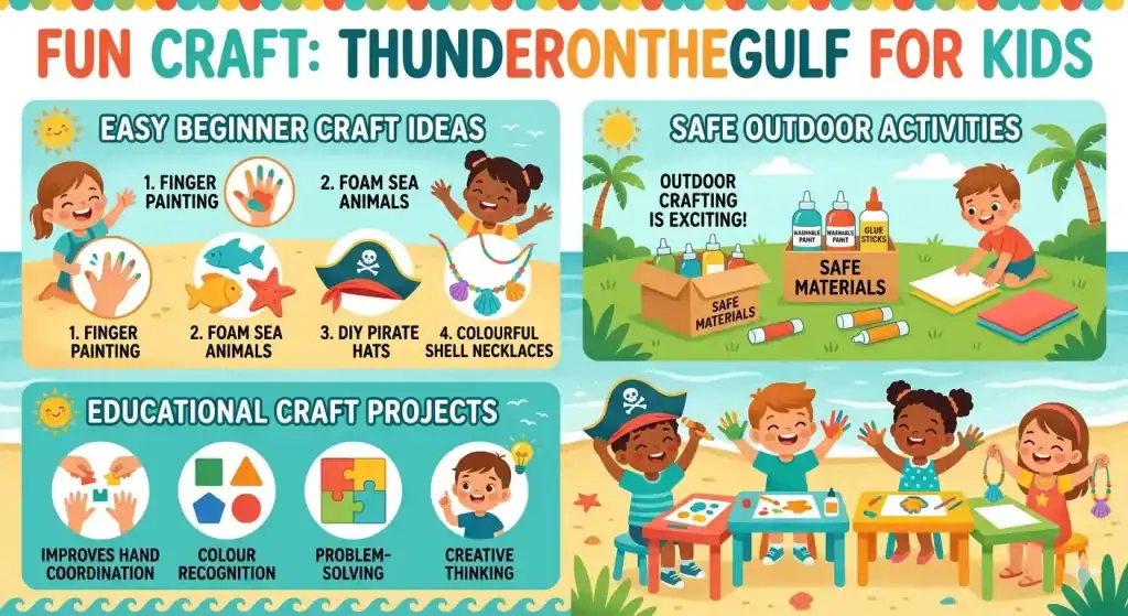 Kids infographic titled Fun Craft Thunderonthegulf for Kids, displaying easy beginner ideas and safe outdoor beach projects.