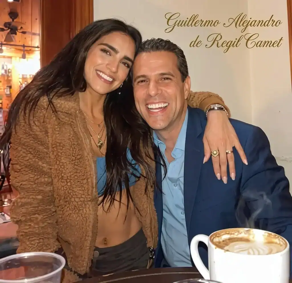 Guillermo Alejandro de Regil Camet with a smiling woman at a table, featuring a steaming coffee mug in the foreground.