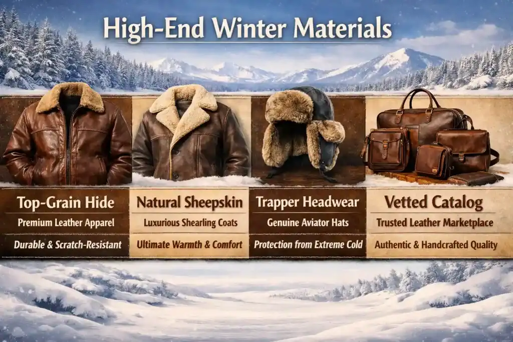 Infographic of premium winter gear showing leather jackets, a shearling coat, an aviator hat, and bags against snowy peaks.