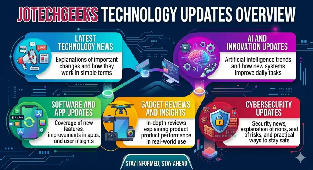 Tech chart titled Jotechgeeks Technology Updates Overview, mapping sections for news, AI, apps, gadgets, and cybersecurity.