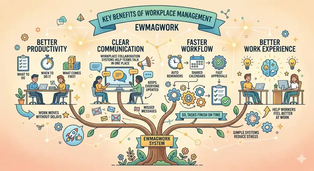 Infographic titled Key Benefits of Workplace Management, showing productivity, communication, workflow, and experience arms.