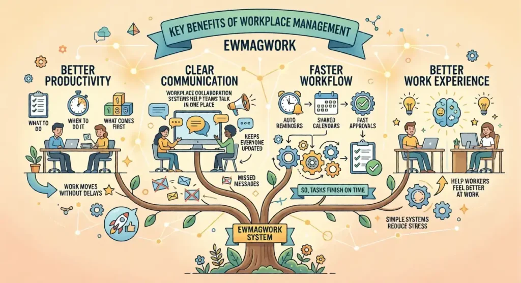 Infographic titled Key Benefits of Workplace Management at Ewmagwork, showing productivity, communication, workflow, and experience arms.