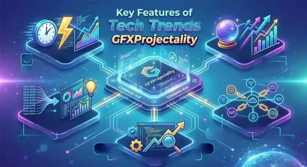 "GFXProjectality infographic showing key tech trend features like real-time data, AI, IoT, and predictive analytics"