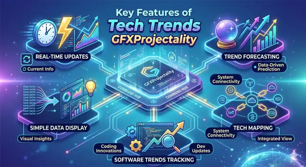 Infographic titled Key Features of Tech Trends GFXProjectality, showing real-time updates, forecasting, and tracking features.