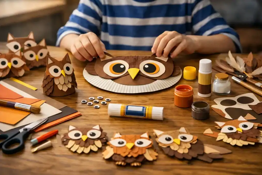 A child making an owl craft using a paper plate at a wooden table, surrounded by finished paper owls, glue sticks, scissors, paint jars, and googly eyes.