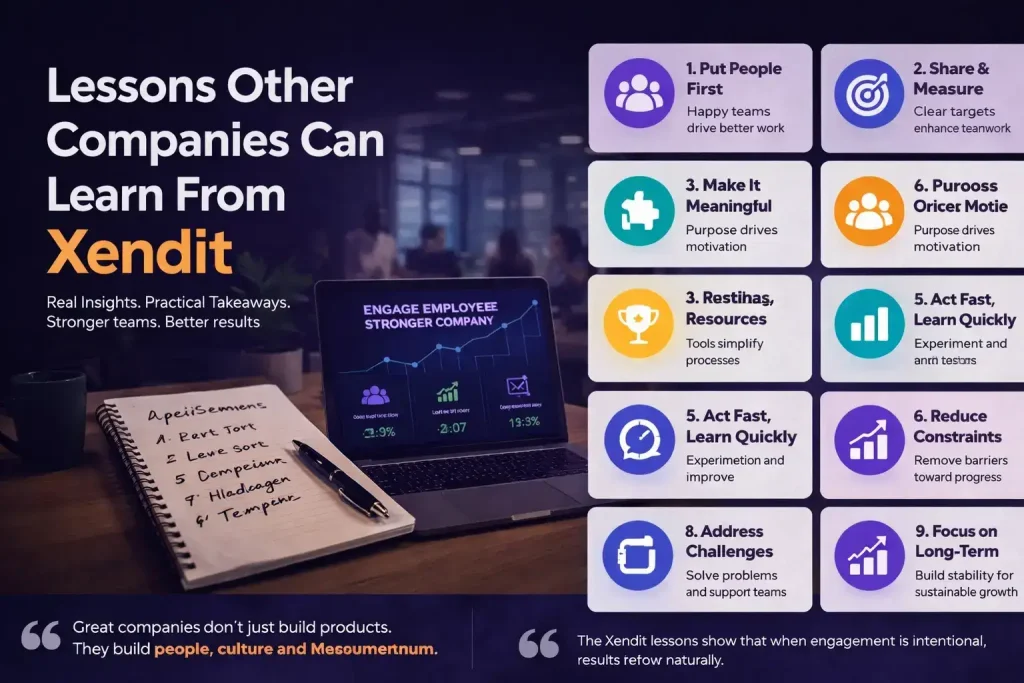 Infographic titled Lessons Other Companies Can Learn From Xendit, outlining business tips alongside a laptop and notepad.