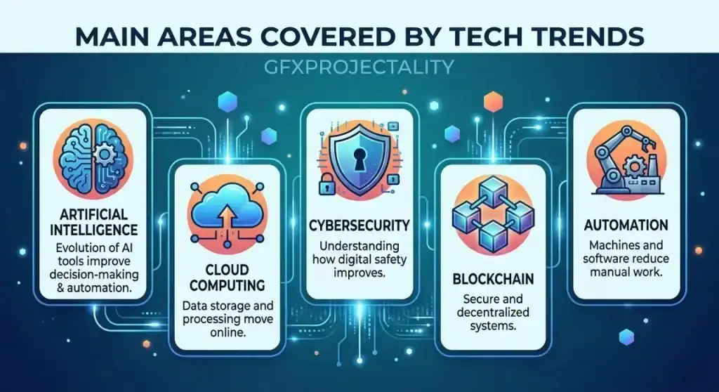 GFXProjectality Infographic titled Main Areas Covered by Tech Trends, detailing AI, cloud computing, cybersecurity, blockchain, and automation.