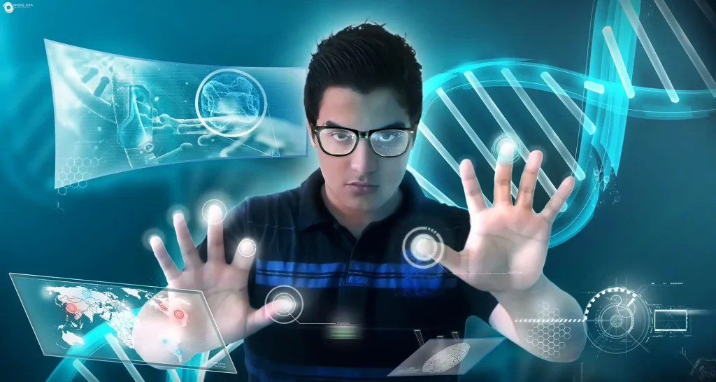 Young man touching futuristic holographic DNA and data interface screens