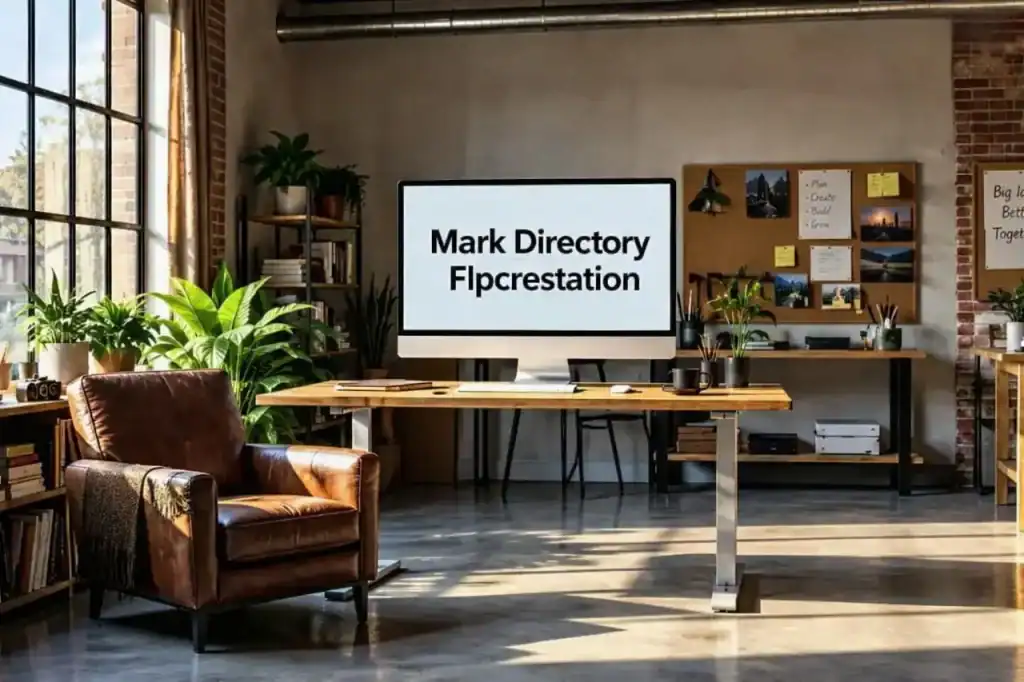 "Mark Directory Flpcrestation displayed on monitor in modern home office with standing desk and plants"