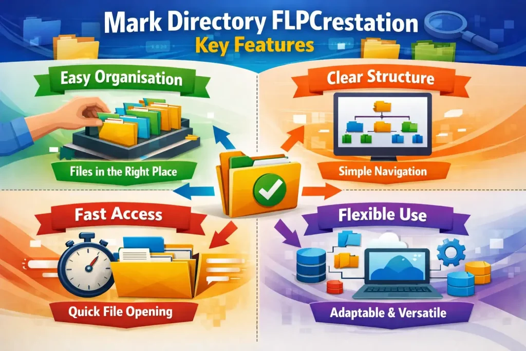 Infographic titled Mark Directory FLPCrestation Key Features, highlighting easy organisation and clear structure panels.