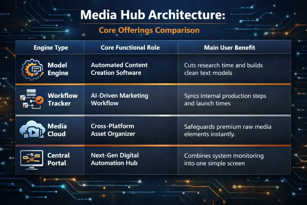 A comparison chart of Media Hub Architecture detailing Model Engine, Workflow Tracker, Media Cloud, and Central Portal data.