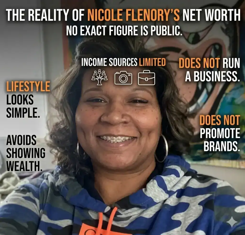 Infographic of a smiling Nicole Flenory with text breaking down the reality of her net worth, public figure status, and lifestyle.