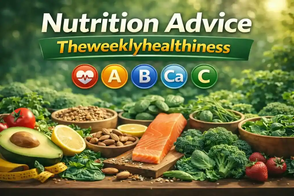 Nutrition advice infographic from The Weekly Healthiness showing healthy foods like salmon, avocado, broccoli, and almonds alongside vitamin icons.