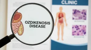 Magnifying glass showing "Ozdikenosis Disease" text with organ illustration