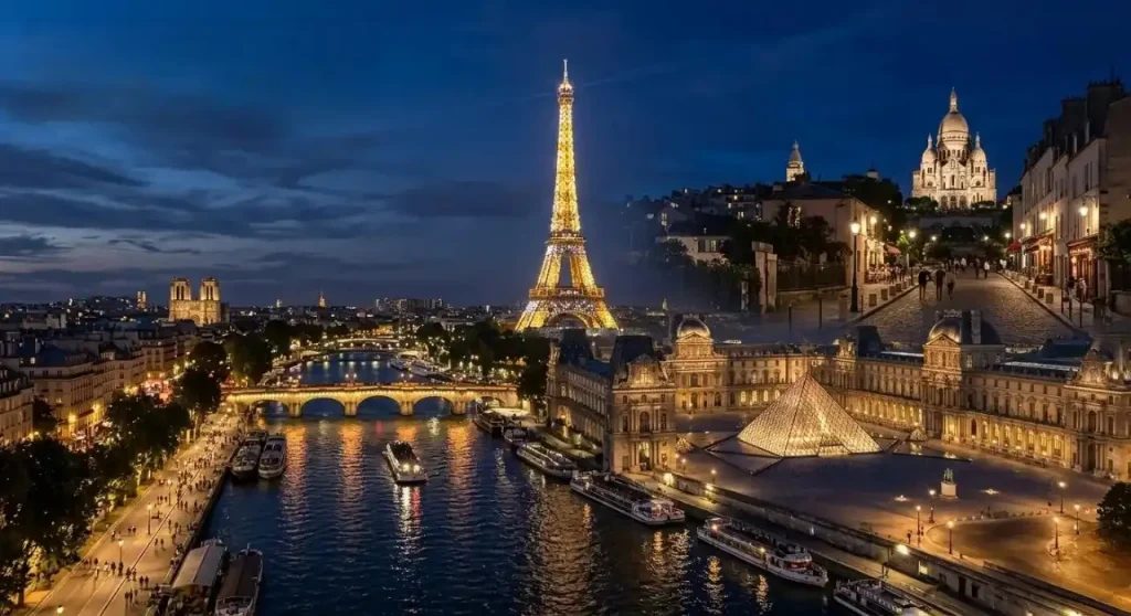 "PlayBattleSquare Paris skyline at night featuring Eiffel Tower, Louvre Pyramid, and Sacré-Cœur landmarks"