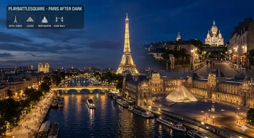 Night collage of Paris landmarks including the Eiffel Tower, Louvre, Montmartre, and Seine walk, with a digital tour header.