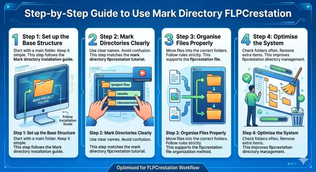 Infographic titled Step-by-Step Guide to Use Mark Directory FLPCrestation, displaying a four-step file organization flow.