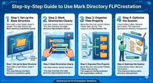 Infographic titled Step-by-Step Guide to Use Mark Directory FLPCrestation, displaying a four-step file organization flow.