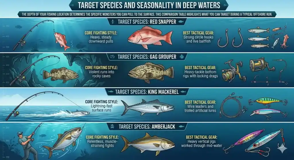 Infographic guide titled Target Species and Seasonality in Deep Waters, breaking down fish types, fighting styles, and gear.
