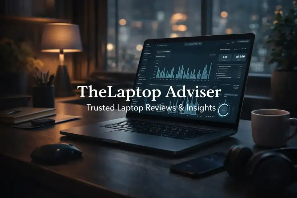 The Laptop Adviser banner featuring an open laptop on a wooden des