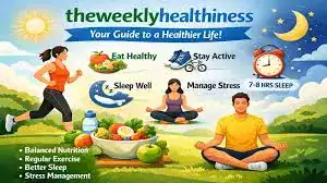 Health and wellness infographic titled The Weekly Healthiness showing illustrations of people jogging, meditating, eating healthy food, and sleeping.