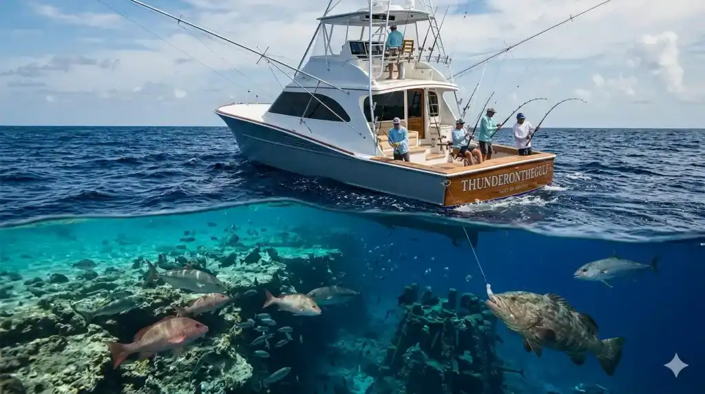 Split-view photo of a fishing boat named Thunder on the Gulf above water and a coral reef with diverse fish swimming below.