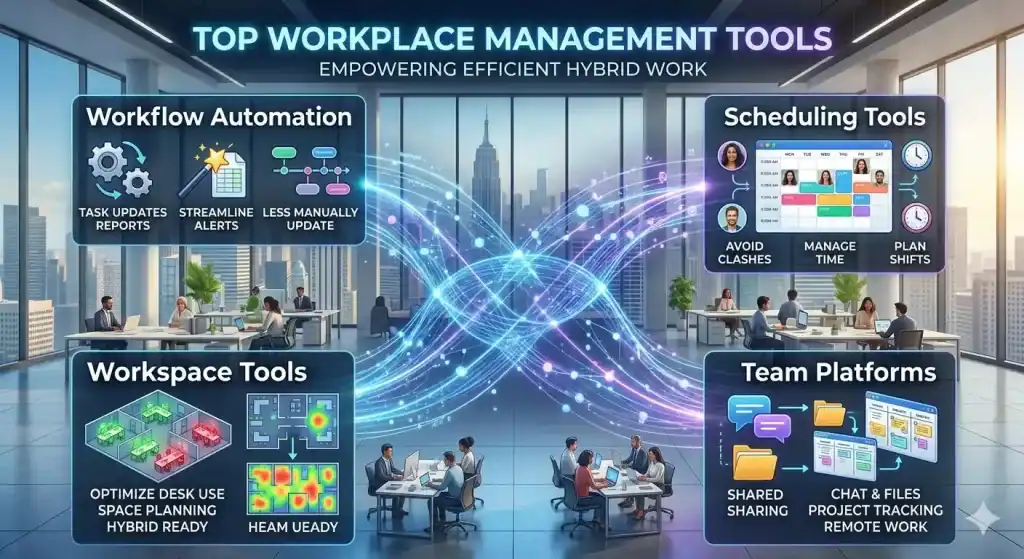 Infographic titled Top Workplace Management Tools, highlighting workflow automation, scheduling, workspace, and team boxes.