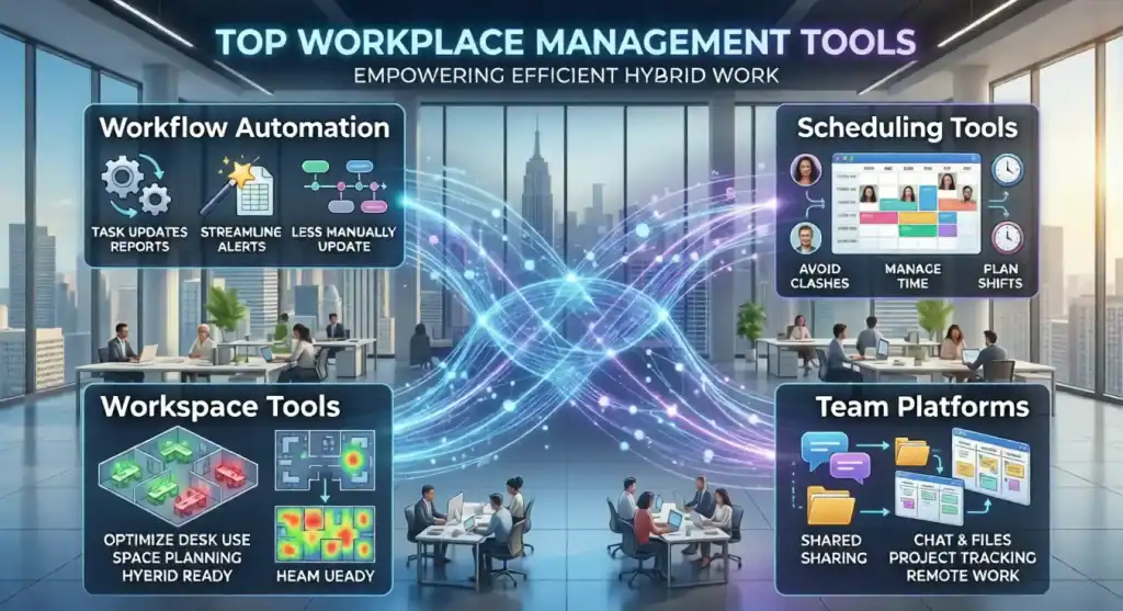 Ewmagwork Infographic titled Top Workplace Management Tools, highlighting workflow automation, scheduling, workspace, and team boxes.