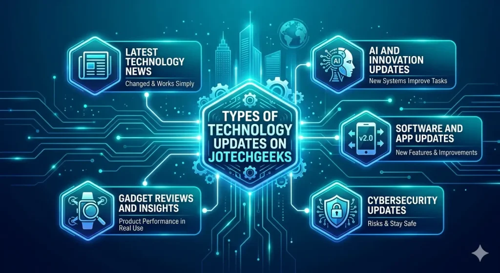 Tech infographic titled Types of Technology Updates on Jotechgeeks, branching into news, AI, software, and security panels.