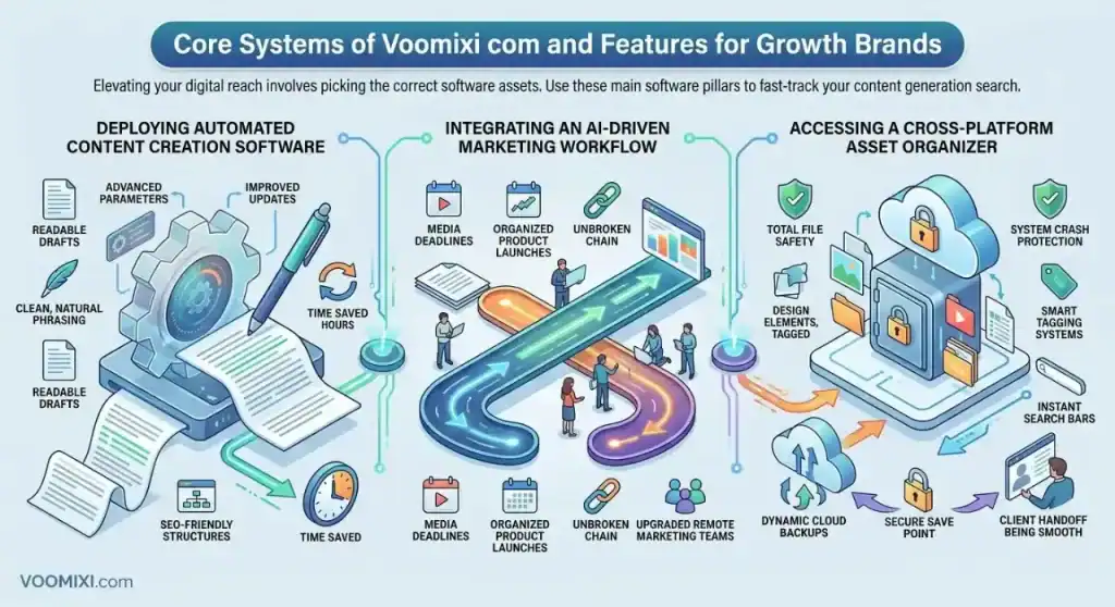 Infographic titled Core Systems of Voomixi com, detailing content creation software, marketing workflows, and asset management.