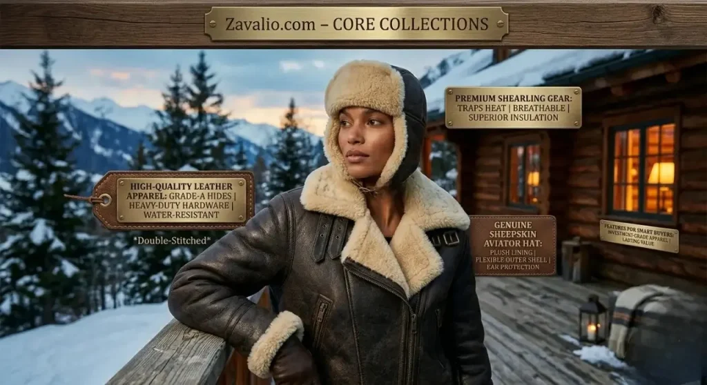 "Zavalio.com core collections leather shearling jacket and aviator hat in winter mountain setting"