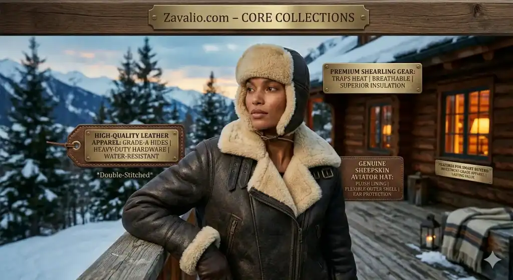 A woman modeling a sheepskin aviator hat and a brown leather jacket on a snowy cabin porch, with text tags about the apparel.