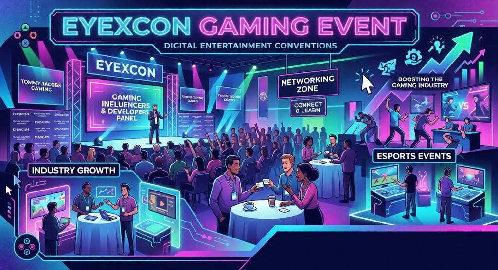 "Tommy Jacobs Gaming Eyexcon — neon-themed gaming event poster with stage panel, networking zone, and esports competition"